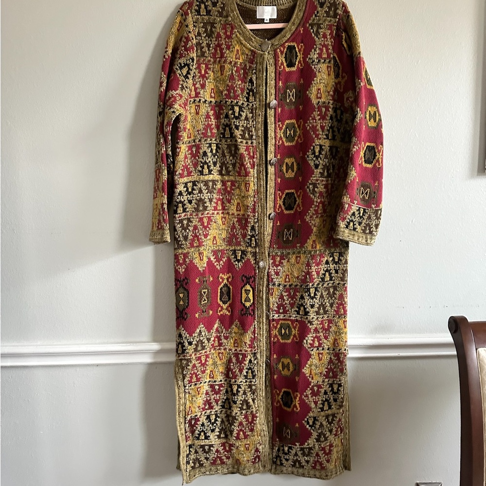 Soft Surroundings Multicolor Tapestry Long Sleeve Maxi Length Buttoned Cardigan